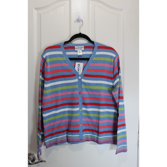 Pendleton Light Blue with Rainbow Multi-Color Striped Cardigan NWT size L - Picture 3 of 4